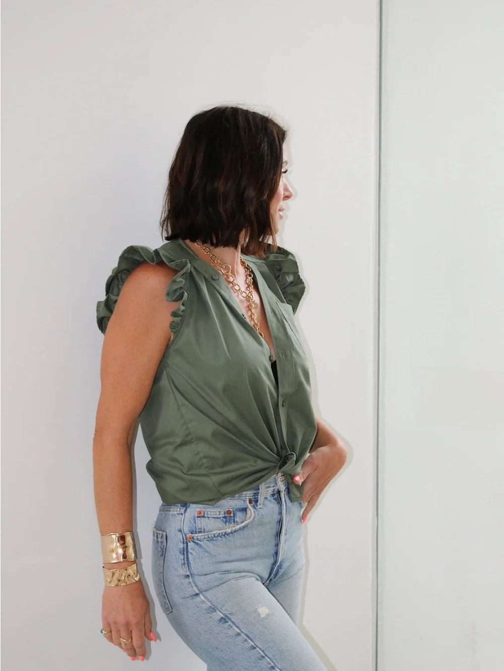 KMJ Ruffled Sleeve  Button-Front Top -  Green - Picture 12 of 14